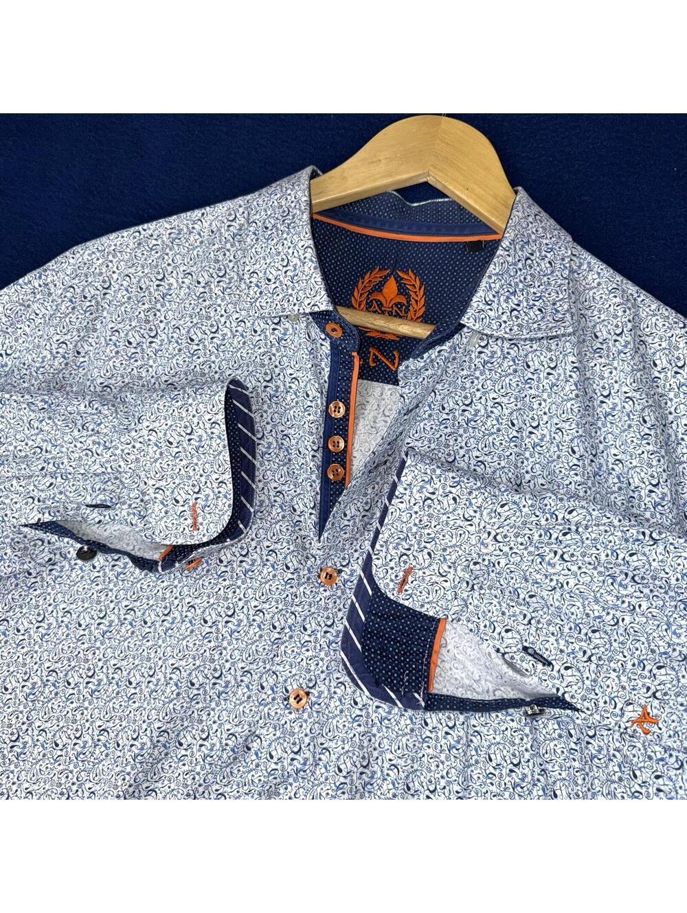 Au Noir Button Up Shirt Paisley Pattern Contrast Trim ‘Customized’ Shorter Wide
